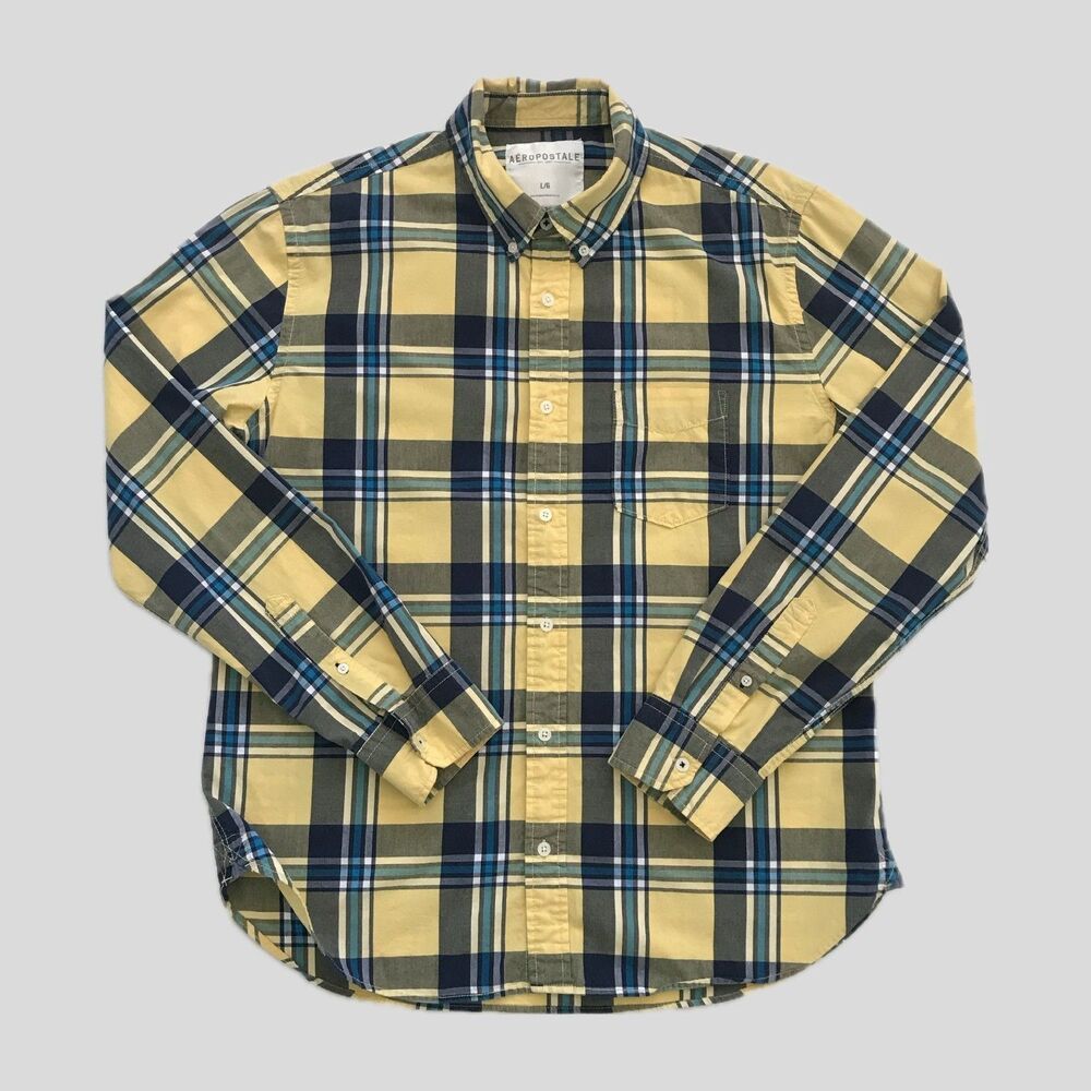 Aeropostale Yellow Blue Plaid Long Sleeve Casual Cotton Shirt Mens L